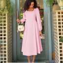ZESICA Women's Long Sleeve Midi Dresses 2026 Fall Square Neck Swing A Line Wedding Guest Evening Prom Dress (Pink, S)