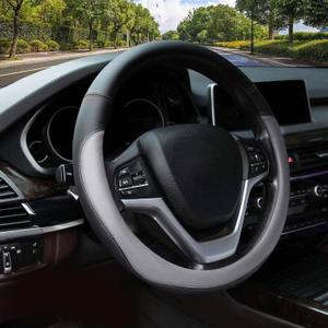 Sporty PU Leather Car Steering Wheel Cover for Men Women14.5-15" Universal Non-Slip Lining Black Auto Steering Wheel Cover for Car Truck Pickup SUV (Black Grey)