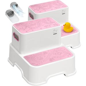 Harwaya Pink Toddler Step Stool for Bathroom Sink 2 Pack, Kids Step Stools for Girls Toilet Potty Training, Plastic Stepping Stool for Toddlers Child Kid Kitchen Bedroom (Included Two Faucet Extender)
