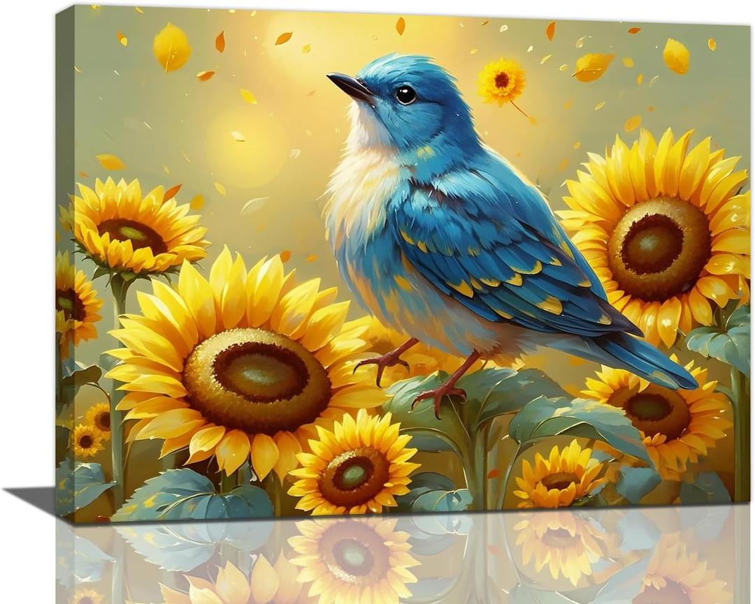 Zyphren Farmhouse Blue Bird Decor Wall Art Sunflower Sparrow Pictures Wall Decor Country Rustic Canvas Prints Painting Artwork Gifts for Bathroom Living Room Bedroom Modern Home Decoration 16"x20"