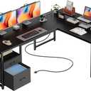 PRAISUN 55 Inch L Shaped Desk with Power Outlets and USB-C Port, Computer Corner Home Office Desk with File Fabric Drawers and Movable Monitor Stand, Larger Storage for Gaming, Work, Black