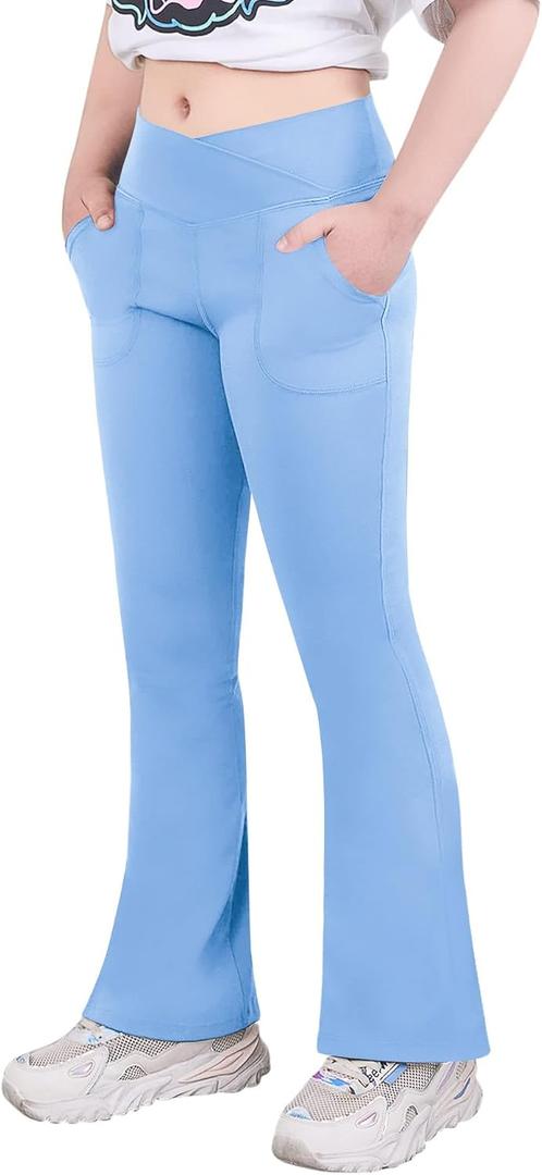 viehunt Girls High Waisted Flare Leggings Crossover Cute Wide Leg Solid Full Length Yoga Pants with Pockets (10 Years, Light Blue)