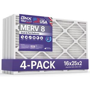 BNX TruFilter 16x25x2 Air Filter MERV 8 (4-Pack) - MADE IN USA  Dust & Pet Defense Electrostatic Pleated Air Conditioner HVAC AC Furnace Filters for Dust, Pet, Mold, Pollen MPR 600  700 & FPR 5