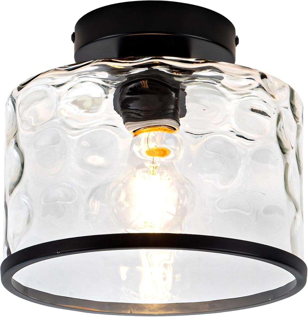 Industrial Semi Flush Mount Ceiling Light Clear Hammered Glass Ceiling Light Fixture, Modern Lighting Fixture for Hallway Porch Kitchen Bathroom Bedroom, Bulb not Included (Black)