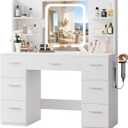 LIVELYGLOW White Large Makeup Vanity Desk with Smart LED Mirror & Power Station, 43" Professional Dressing Table with 7 Drawers, 4 Open Shelves & Hairdryer Holder for Bedroom