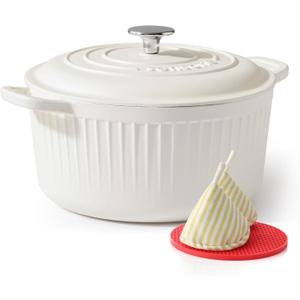 SENSARTE Enameled Cast Iron Dutch Oven Pot with Lid 3.5/5.5/6.5 Quart Heavy-Duty Round Dual Handles Kitchen Pot with Cotton Potholders & Silicone Trivet, Pot for Bread Baking, Stews, Braising, Roasting, Oven Safe, 5.5 Quart, White