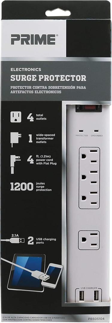Prime Wire & Cable PB505104 4-Outlet Electronics Surge Protector with 14/3 SJT 4-Feet Cord and USB Charger, White