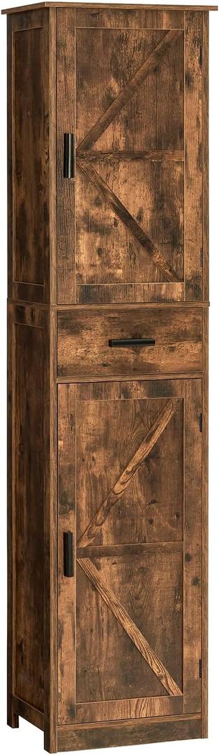 TEENFON Tall Bathroom Cabinet, Storage Cabinet with 6 Shelves & Drawer, Brown 