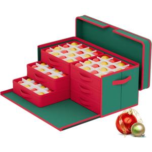 Christmas Ornament Storage Box 96 Bits - 3 Inch Adjustable Dividers Christmas Storage Containers with Lids Ornament Organizer Side Open Christmas Decoration Storage with Removable Drawer Trays (Green)