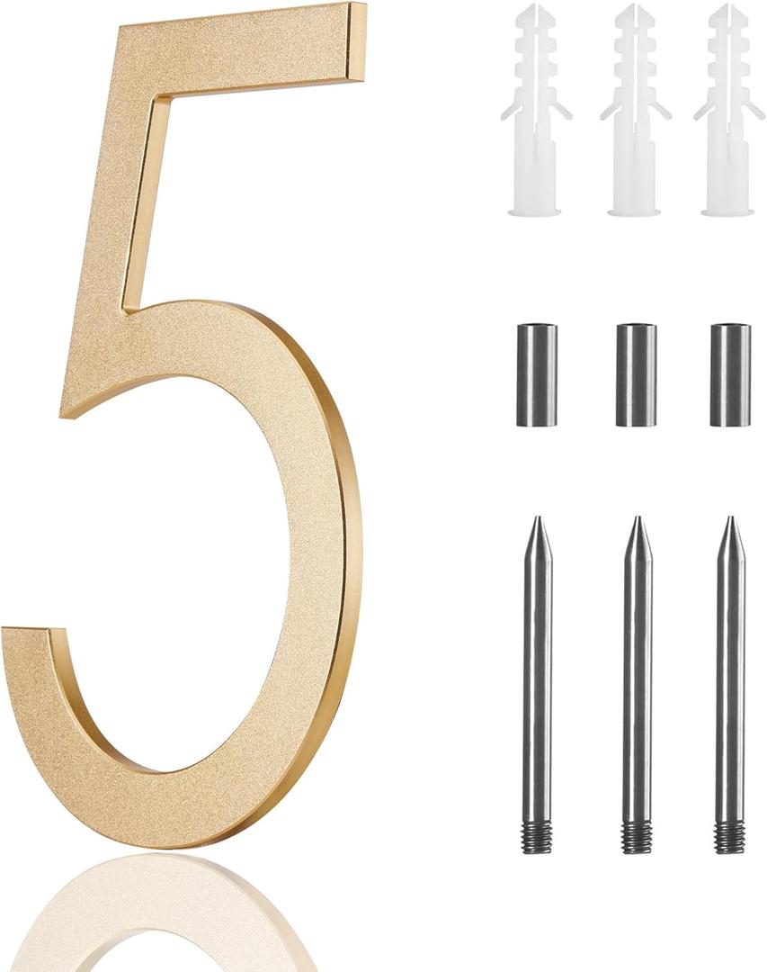 10 Inch Metal House Numbers For outside, large Address Numbers For House Outside,Extra Large Modern House Numbers For Outside gold Floating Mount Flush Mount Aluminum Home Address Numbers 5
