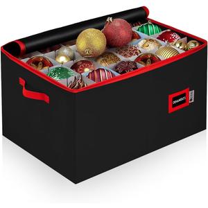 Christmas Ornament Storage Container with Dividers - Box Stores Up to 96 Ornaments, Zippered, Convenient, Adjustable, Large Organizer Bin to Protect Holiday Dcor, Fits Most Standard Size, Black