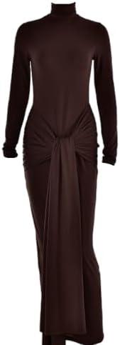 heyheyshine Women's Long Sleeve Turtleneck Maxi Dress Casual Long Dress Hollow Tie Waist Bodycon Dress Small