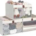 StorageWorks Closet Storage Bins, Extra Large Storage Baskets with Clear Window and Handles, Foldable Fabric Organizer for Clothes, Shelves, Beige, 3 Pack