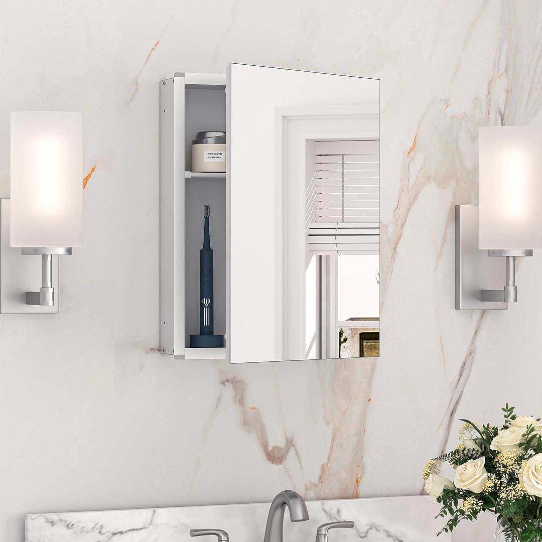 Keonjinn Medicine Cabinet 14 x 18 in, Assembly Required, Bathroom Medicine Cabinets Mirror, Lightweight, One Shelve Only, Surface Mount or Recessed, Tempered Glass