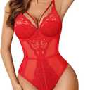 Avidlove Sexy Lingerie for Women Lace Teddy V Neck Snap Crotch BodySuit One Piece Babydoll Wireless (Large, Red)