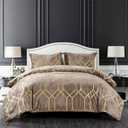 Sunshine Nicole Metallic Print Comforter Set, Distressed Velvet Face with Metallic Print and Brushed Solid Microfiber Reverse, with Light Weight Soft Poly Fill, 5 Pieces Khaki Gold, Queen