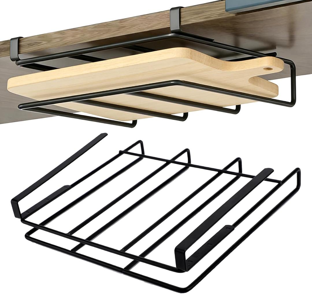 Cutting Board Organizer, Black Under Cabinet Cutting Board Holder, Stainless Steel No-Hole Multifunctional Kitchen Organizer Under Cabinet Shelf for Kitchen Utensils, Towel, Cutting Board