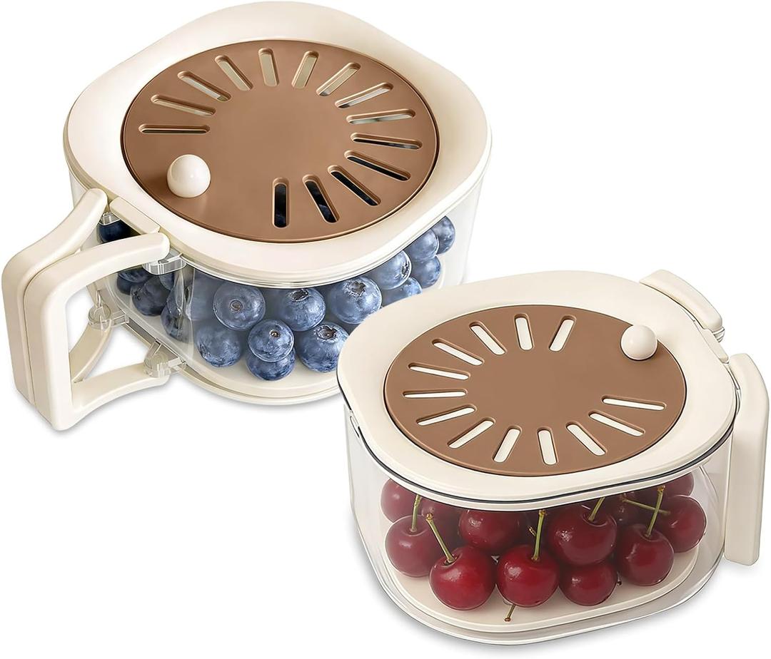 2PCS Fruit Washer with Strainer - Draining and Preservation Basket Fruit Washing Bowl Fridge Berry Container,Folding Handel for Kitchen,Outdoor