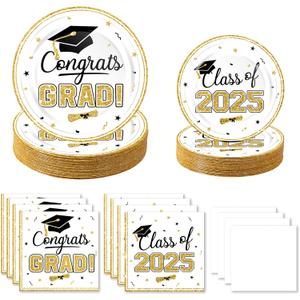 320Pcs Graduation Table Decorations Party Supplies - Black Gold Graduation Plates and Napkins Class of 2025 Disposable Dinnerware Set for College High School Congrats Graduation Party Favors, Serve 80