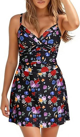 Halcurt Women's Twist Front Push Up One Piece Swimdress Ruched Swimsuit with Skirt Retro Bathing Suit Overall Floral S