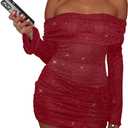 Women Sexy Off Shoulder Bodycon Mini Dress Mesh Sheer Ruched Sparkly Flared Long Sleeve Y2K Dress Club Night Out Dresses (Wine Red (1 Or 2 Size Up Pls))