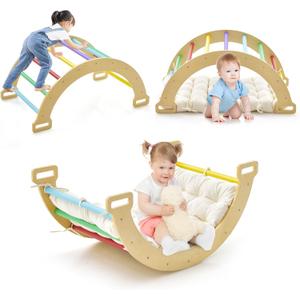 INFANS Wooden Arch Climber Rocker with Soft Cushion, 4 in 1 Montessori Climbing Ladder Toys for Toddlers, Waldorf Indoor Baby Children Ladder Gym Learning Playset Gift for Kids Boys Girls