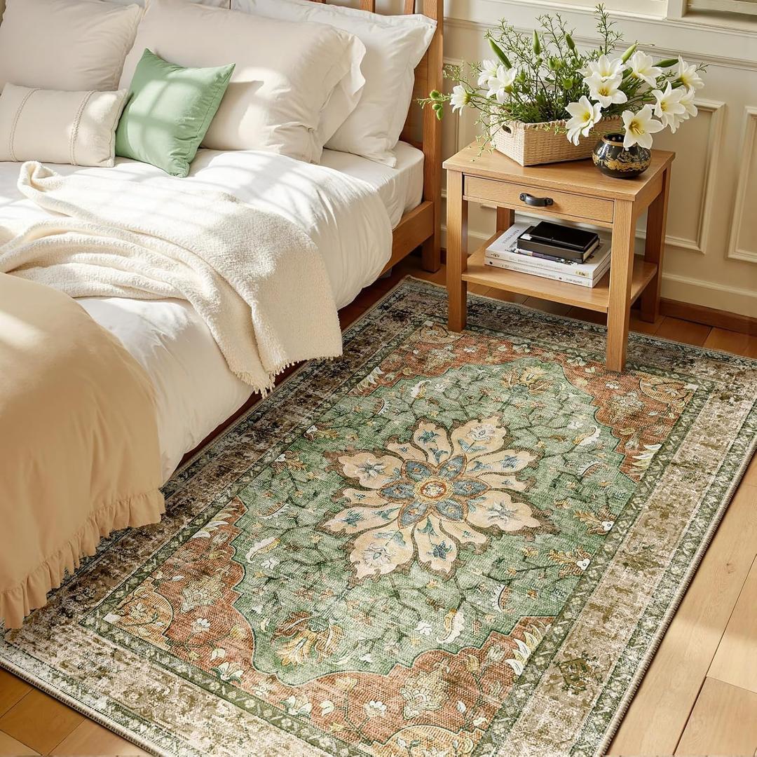 RELEANY Area Rugs 3'x5' Washable Non-Slip, Floral Vintage Distress Print Pattern Medallion Carpet for Living Room Bedroom Dining Room, Brick Red Rust Neutral Brown Burnt Orange Green
