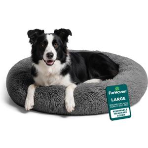 Furhaven 36" Round Calming Donut Dog Bed for Large/Medium Dogs, Refillable w/ Removable Washable Cover, For Dogs Up to 75 lbs - Shaggy Plush Long Faux Fur Donut Bed - Gray, Large