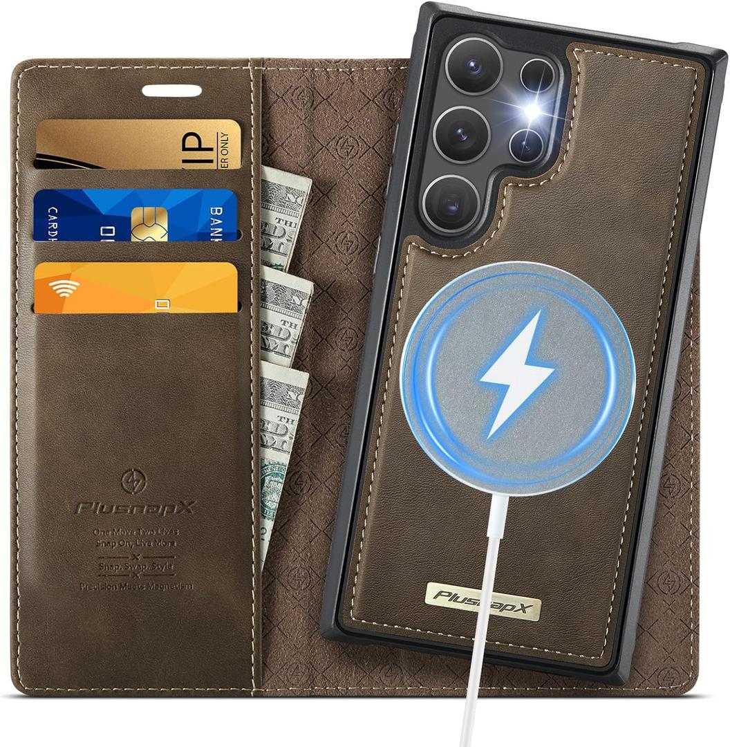 Wallet Case for Samsung Galaxy S24 Ultra Compatible with Magsafe, 2-in-1 PU Leather Flip RFID Blocking Card Holder Stand Shockproof Magnetic Detachable Cover for Galaxy S24 Ultra, Brown