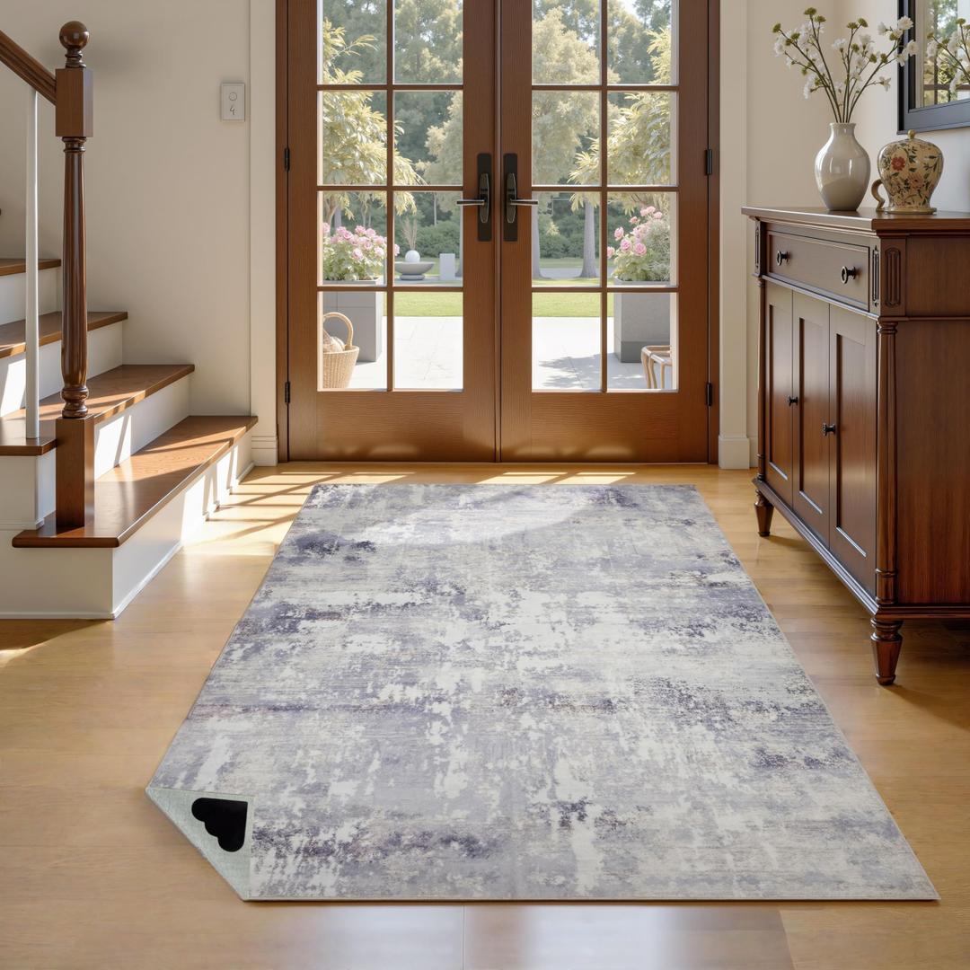Washable Rugs 4x6 Area Rugs for Living Room, Modern Abstract Rugs with Non-Slip Backing, Neutral Accent Low Pile Soft Carpet for Bedroom, Dining Room, Nursery, Home Office, Light Gray