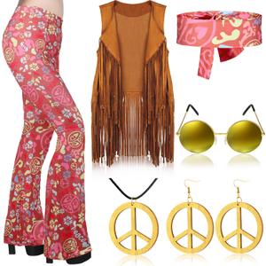 Haull 7 Pcs 60s 70s Outfits for Women Hippie Costume Set Boho Flared Pants Fringe Vest Peace Sign Accessories Set (Large)