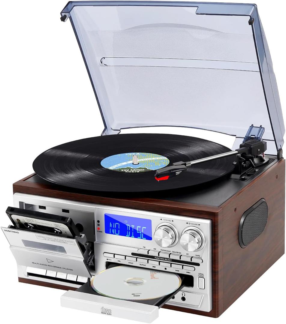 Record Player with Bluetooth 3 Speed Turntable Built in Stereo Speakers CD Cassette USB SD Playback AM FM Radio with Remote Control for Daily Listening and Music Collection (Silver-T408)