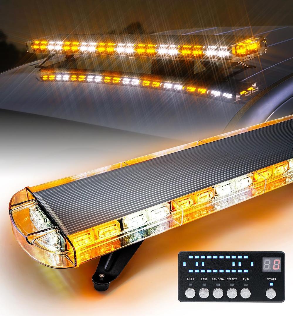 LUMENIX 48 Inch LED Rooftop Emergency Strobe Lights Bar w/Adjustable Mounting Brackets, Warning Caution Security Lightbar for Construction Vehicles Law Enforcement Snowplow Tow Trucks - White Amber
