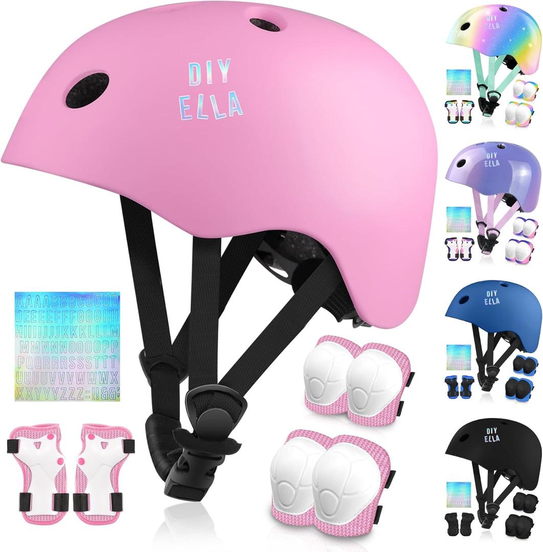 Vvinca Kids Toddlers Bike Helmet Adjustable for Ages 3-5-8 Years, Knee Pads and Elbow Pads Set Wrist Guard Sports Protective Gear Set for Roller Skate Bicycle Skateboard Scooter Girl Boy Birthday Gift (4 Pink)