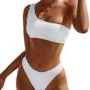 YIMISAN Women's Ribbed Bikini Sets One Shoulder Top with Mid Waist Two Piece Bathing Suit, M, White