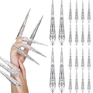 Leelosp 20 Packs Halloween Finger Nail Claw Rings Ancient Queen Fingernail Metal Finger Knuckle Claw for Halloween Women Cosplay Costume Drama Dance Show(Silver)