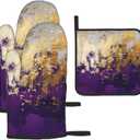 3 - Piece Purple and Gold Splash Patterned Oven Mitts and Pot Holders Set, Heat Resistant Non-Slip Modern Abstract Art Purple Kitchen Gloves for Cooking Baking Grilling, Gifts for Women, Home Decor