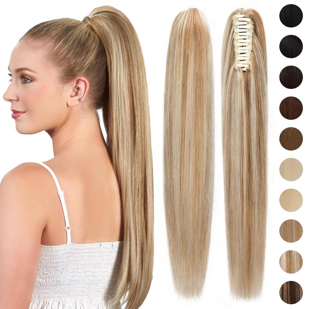S-noilite Claw Clip Ponytail Extension Human Hair Real Remy Human Hair Ponytail Extension Long Straight Hair Pony Tails Hair Extensions For Women 14inch #12P613 Golden Brown mix Bleach Blonde 105Grams