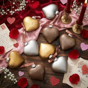 18 Pcs Valentines Neutral Texture Heart Ornaments Bronze Rustic Heart Shaped Xmas Baubles Ornaments Farmhouse Copper Decorations for Tree Wreath Home Modern Holiday (Gold Silver Brown)