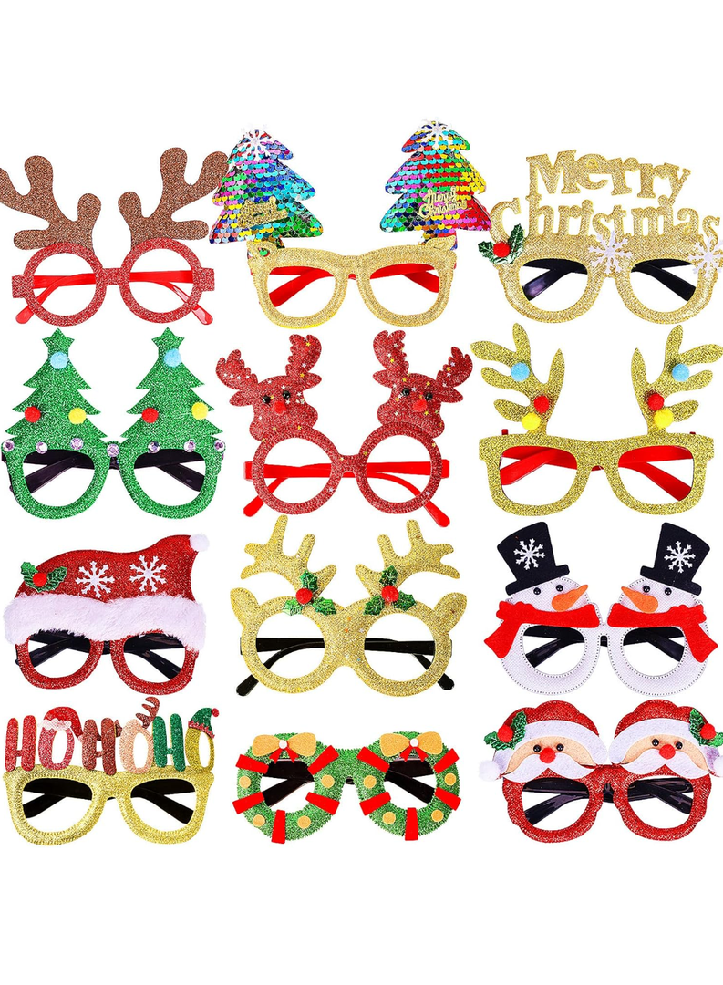 Max Fun 12Pcs Christmas Glasses Glitter Holiday Party Glasses Frames Christmas Decoration Accessories Costume Eyeglasses for Christmas Parties Holiday Favors (One Size Fits All)