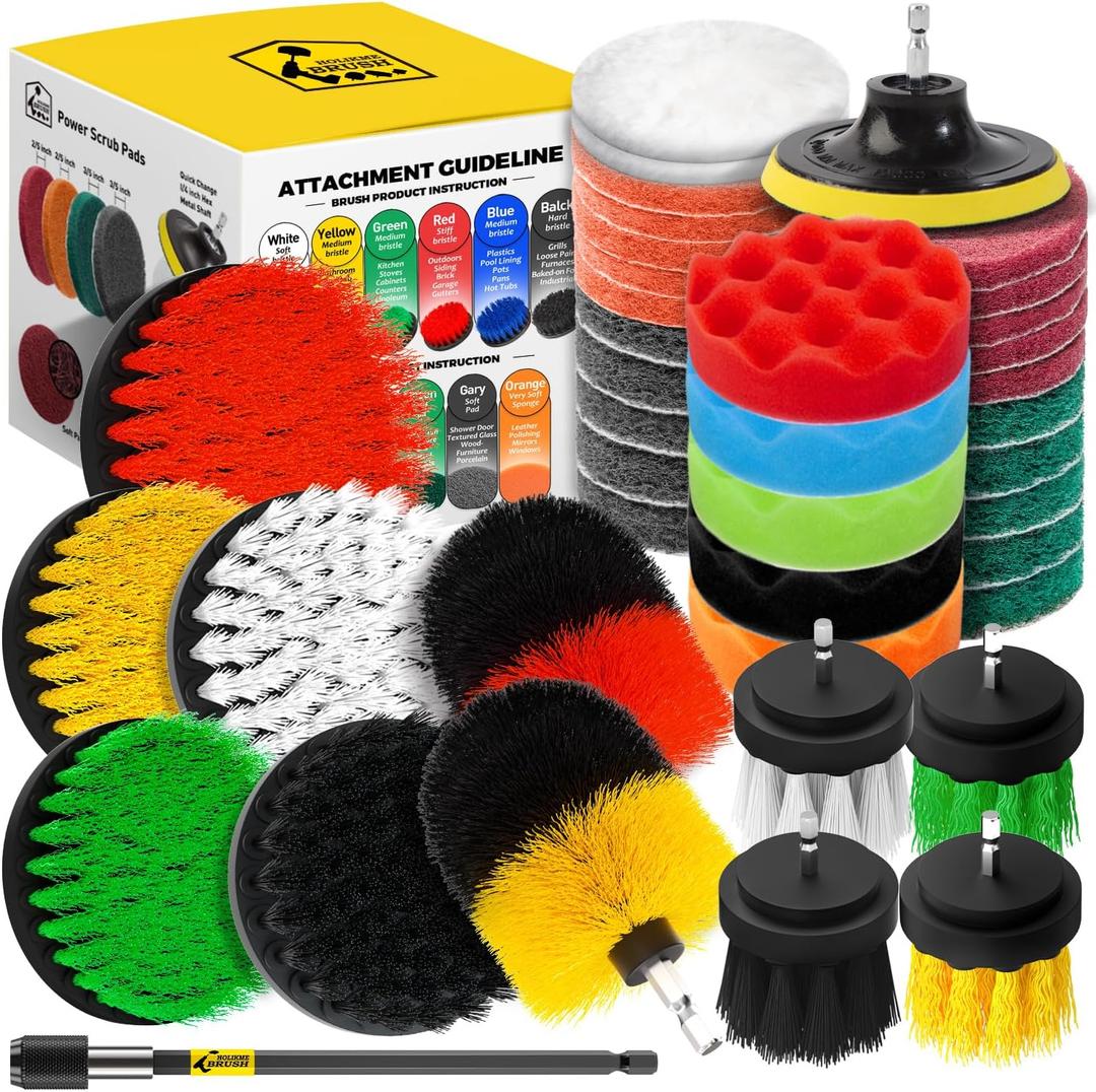 Holikme 40 Piece Drill Brush Attachment Set Scrub Pads Scouring Pads Power Scrubber Brush with Extend Long Attachment All Purpose Clean for Car DetailingGrout, Tiles, Bathroom, Kitchen