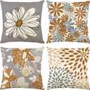 Brown Decorative Throw Pillow Covers 18x18 Set of 4, Brown and Grey Modern Daisy Floral Pillows Linen Pillow Covers for Couch Sofa Living Room