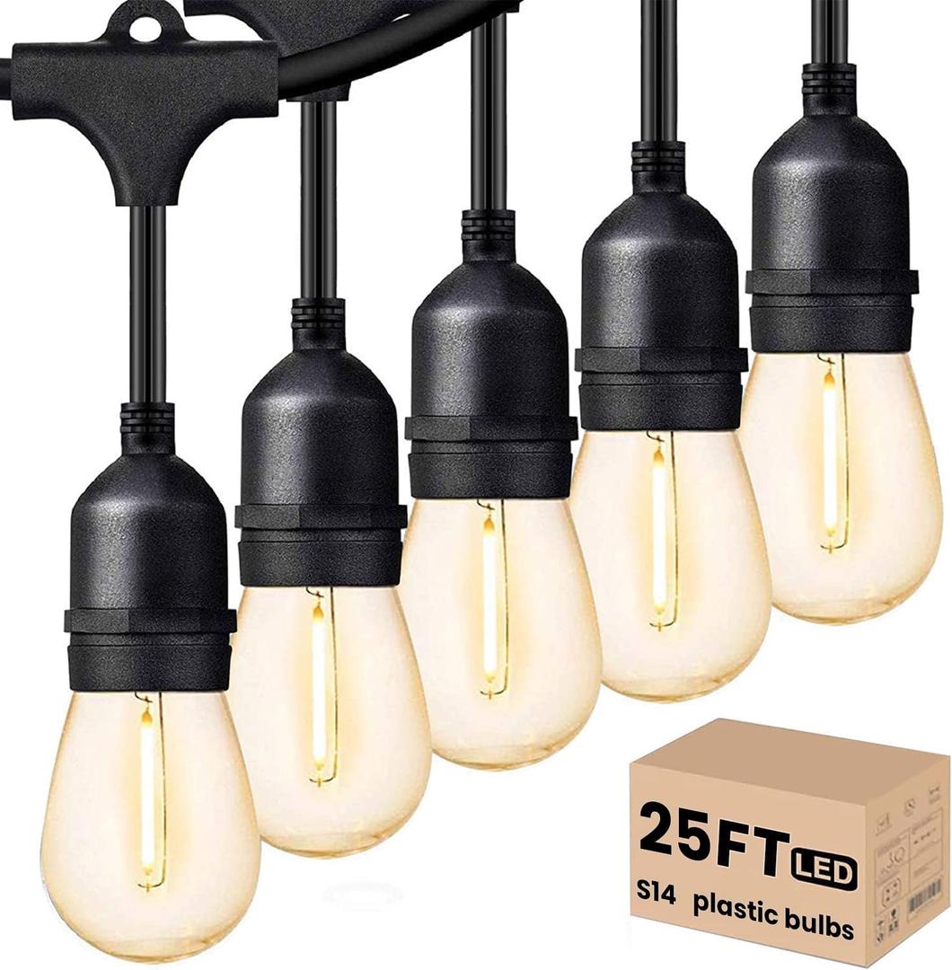 Svater Outdoor Led String Lights 25 FT, Patio Lights for Outside with 9 pcs S14 Shatterproof Bulbs, 1 Watt E26 Dimmable, IP65 Waterproof, Commercial Grade Bistro Light 2700K Warm White