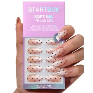 BTArtbox Press On Nails Almond - Gala Polka, 3D Polka Dot Ombre Medium Press On Nails with Glue and Adhesive Tabs for Women in 16 Sizes - 32 Soft Gel Glue On Nails Kit