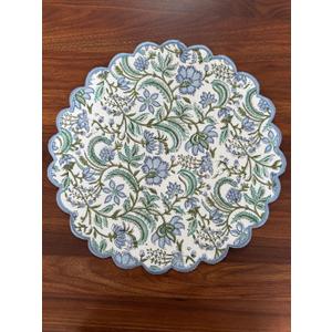 Ridhi Columbia Blue, Turquoise Green Bo-ho Round Place Mat Easter Floral Cotton Washable Placemats 15" Round Embroidery Block Print Table Mat Pack of 4-15 Inch Round