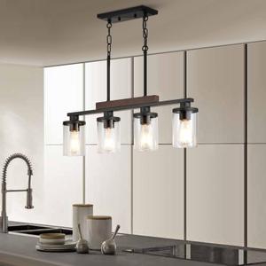 Kitchen Table Light Fixtures Over Island Ceiling Hanging,4-Light Rustic Wood Pendant Chandelier for Dining Room with with Glass Shade