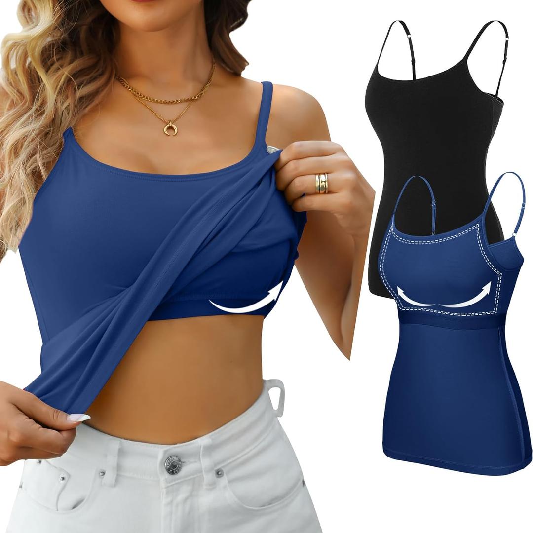 V FOR CITY Women's Shelf Bra Camisole Tops Adjustable Spaghetti Strap Cami Tank Cotton Undershirts 2 Pack (Medium, Black/Navy Blue)