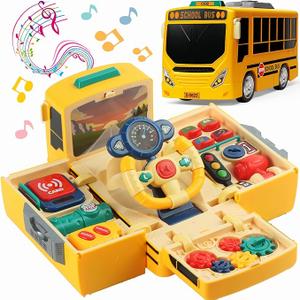 HONGTUO School Bus Toy with Sound and Light Simulation Steering Wheel Driving Toy Toddlers School Bus Toys with Music Education Knowledge Simulate School Scenes Gift for 3-5 Boys & Girls