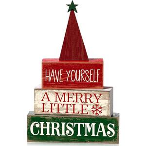 4 Pcs Christmas Decor Wooden Christmas Tree Winter Tiered Tray Decor Xmas Table Centerpiece Rustic Decorative Tree Block Signs Gift Farmhouse Winter Table Decoration for Home Kitchen