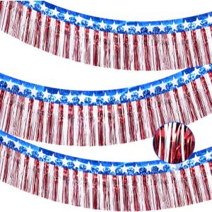 3Pack 30ft 4th of July Decorations Banner USA Stars Foil Fringe Garland Tinsel Streamers Red White and Blue Flag for Independent Memorial Veterans Day Patriotic Party USA 250 Anniversary Decorations